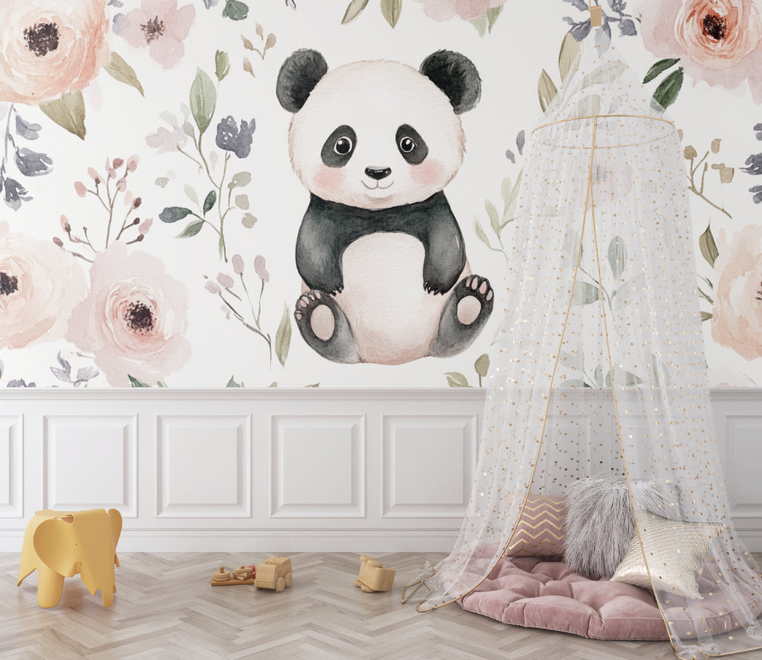 Panda wallpaper mural in a cozy nursery with white furniture and soft pink accents