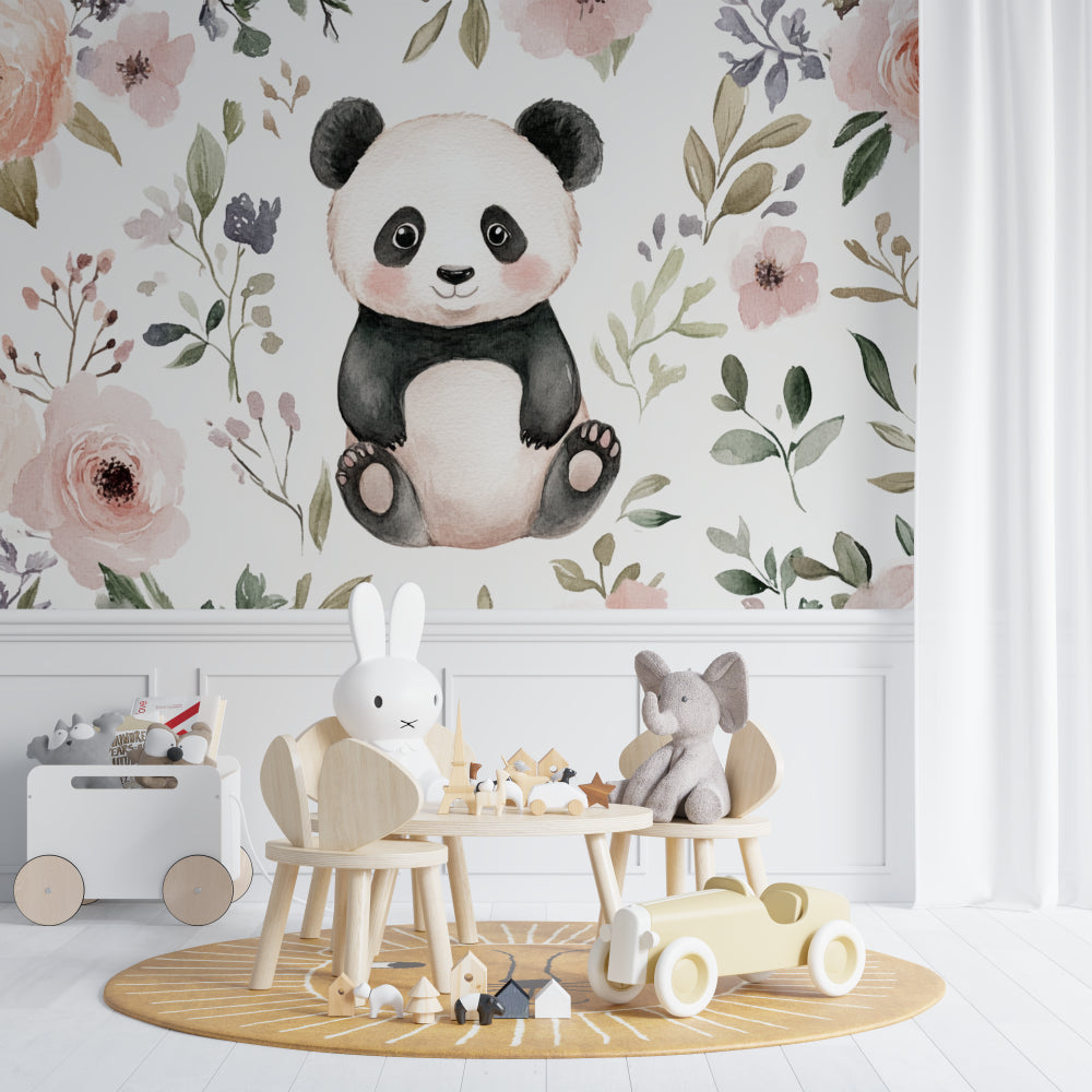 Sweet panda mural bringing charm to a playroom with natural lighting