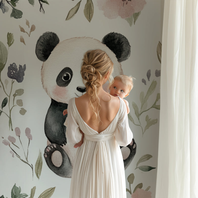 Watercolor panda wallpaper creating a peaceful atmosphere in a baby's room
