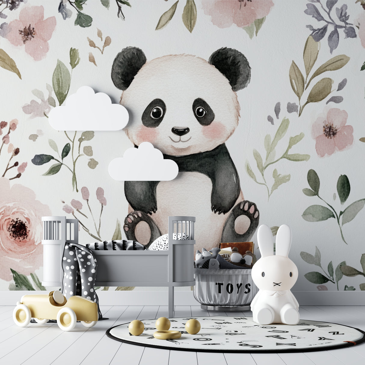 Floral panda wall mural paired with neutral decor in a child's bedroom