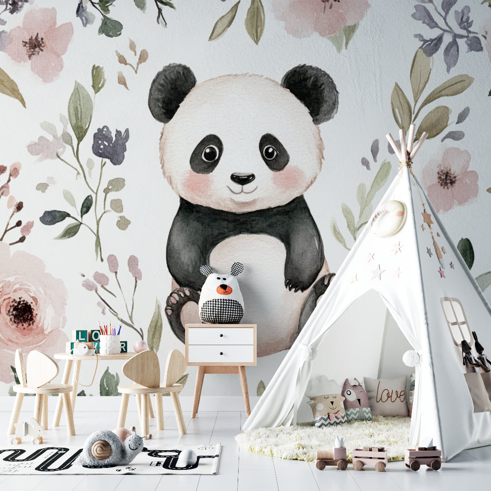 Panda bear mural showcased in a modern children's reading nook