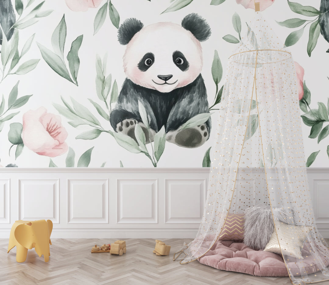 Pink floral panda wallpaper installed in a child's reading nook with cozy cushions