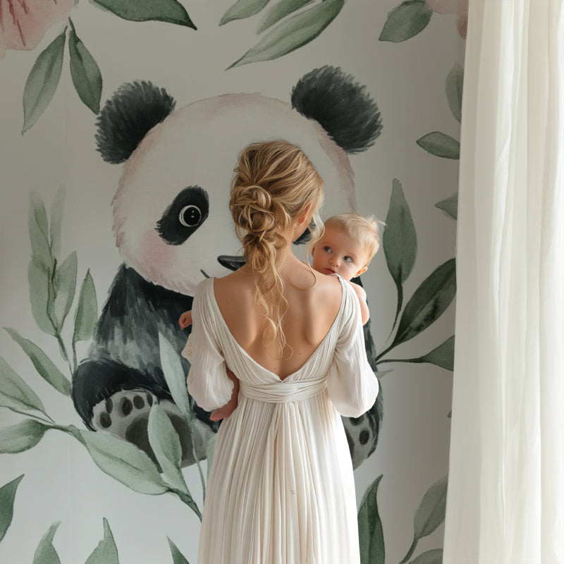 Watercolor panda mural bringing charm to a playroom with natural lighting