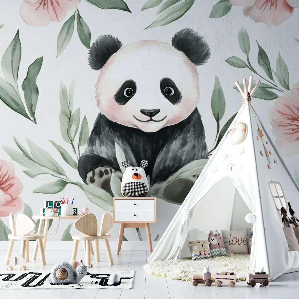 Panda and pink blossom wallpaper creating a focal point in a modern nursery