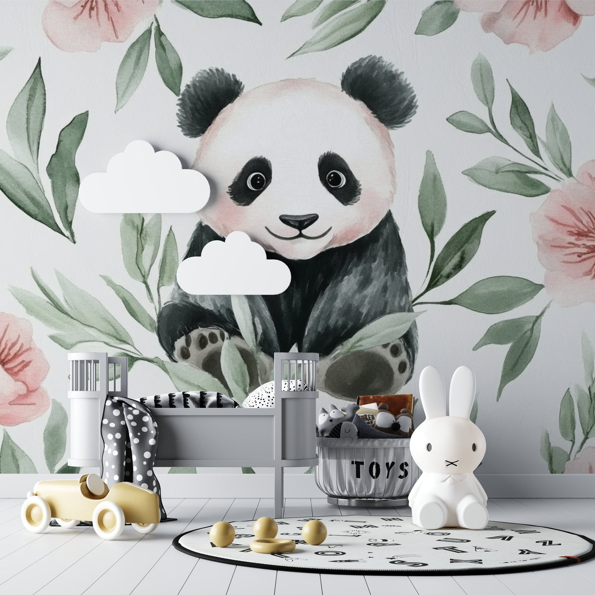 Floral panda wall mural showcased in a minimal bedroom setting