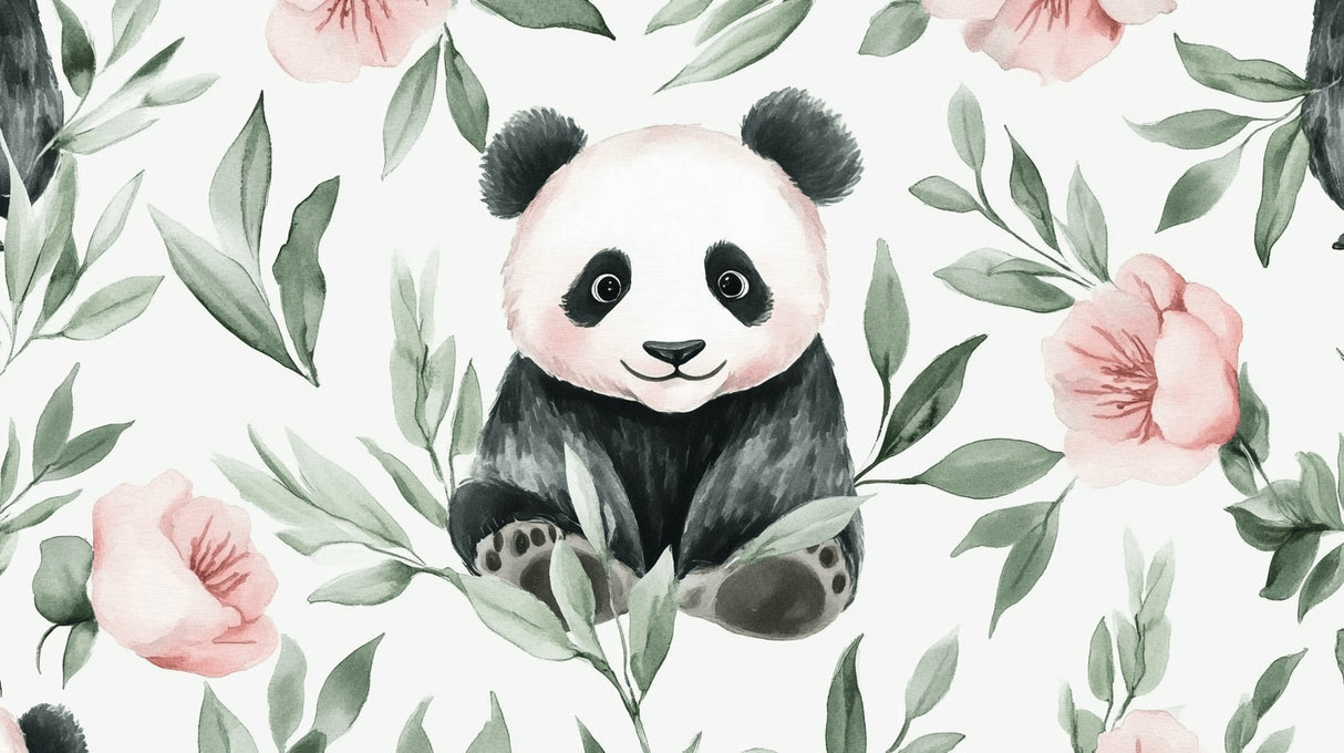 Panda wallpaper design file showing watercolor details and pink blossom pattern