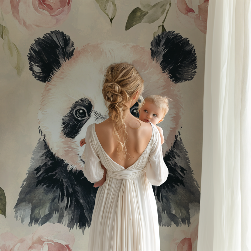 Watercolor Panda wall mural bringing charm to a girl's bedroom with soft pink accents