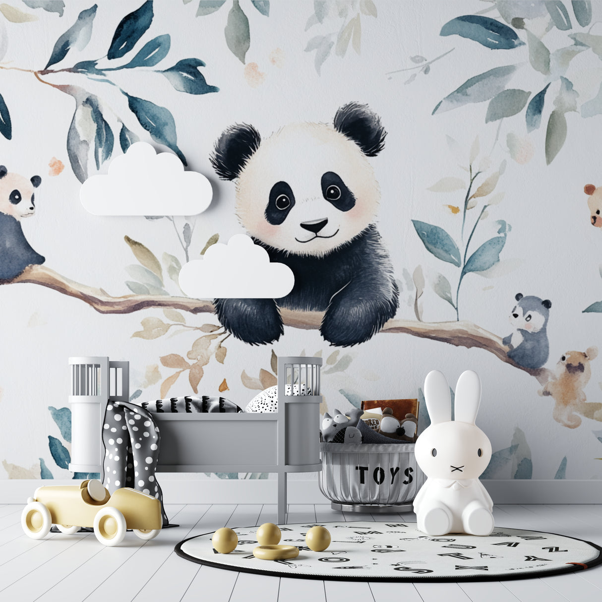 Panda wallpaper mural in a cozy nursery with white furniture and soft lighting