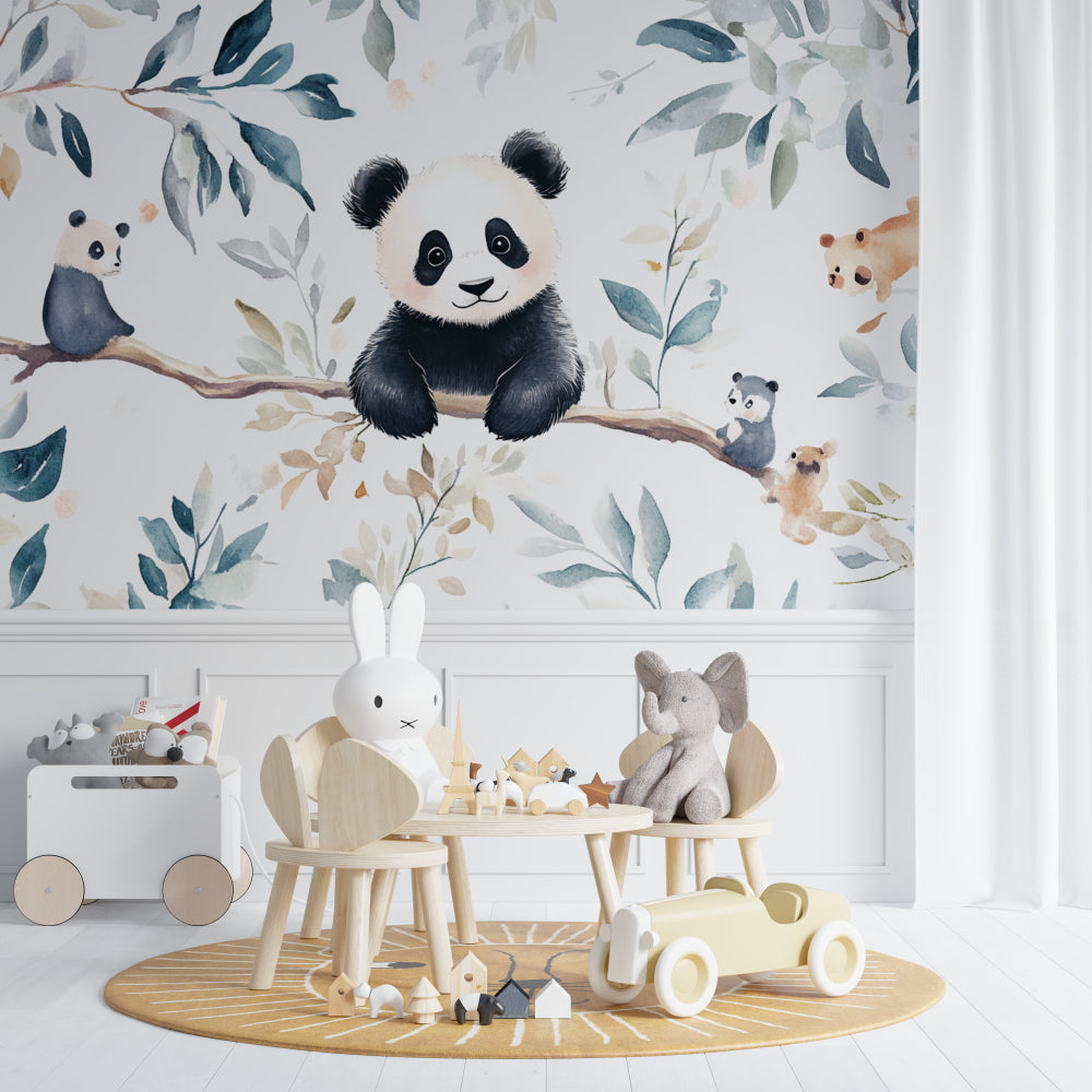 Kids bedroom featuring watercolor panda wall mural with reading nook