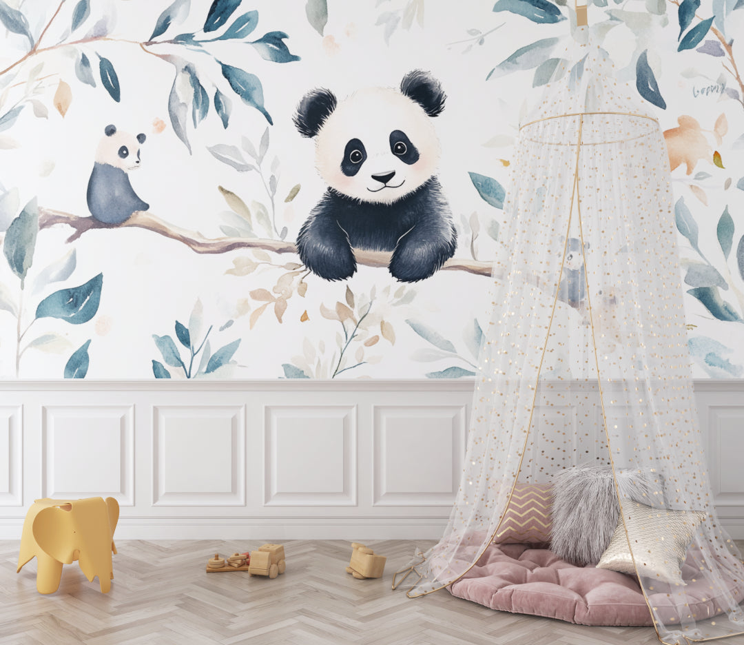 Playroom decorated with panda forest wallpaper showing scale and colors