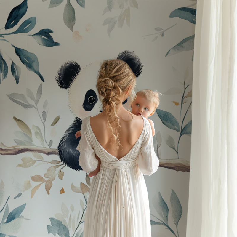Forest animal wallpaper with pandas in modern children's room