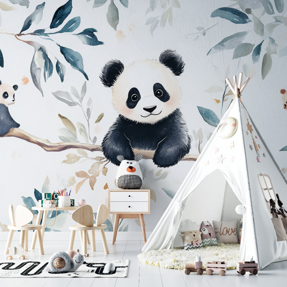 Panda mural wallpaper in baby room with crib and mobile