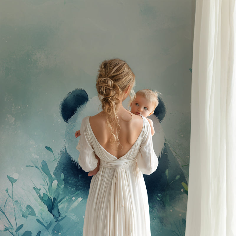Panda wallpaper mural bringing calm to a modern nursery with soft watercolor design
