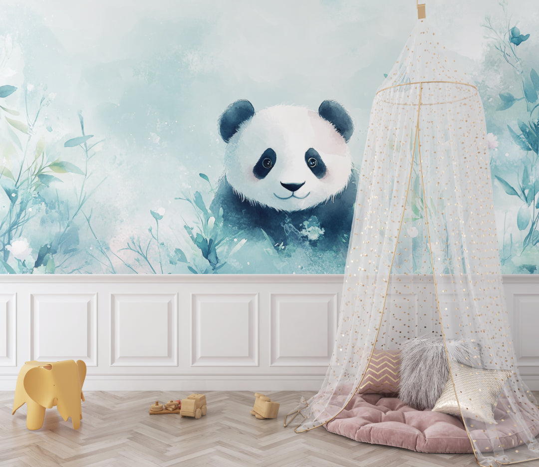 Watercolor panda mural creating a peaceful atmosphere in a child's reading nook