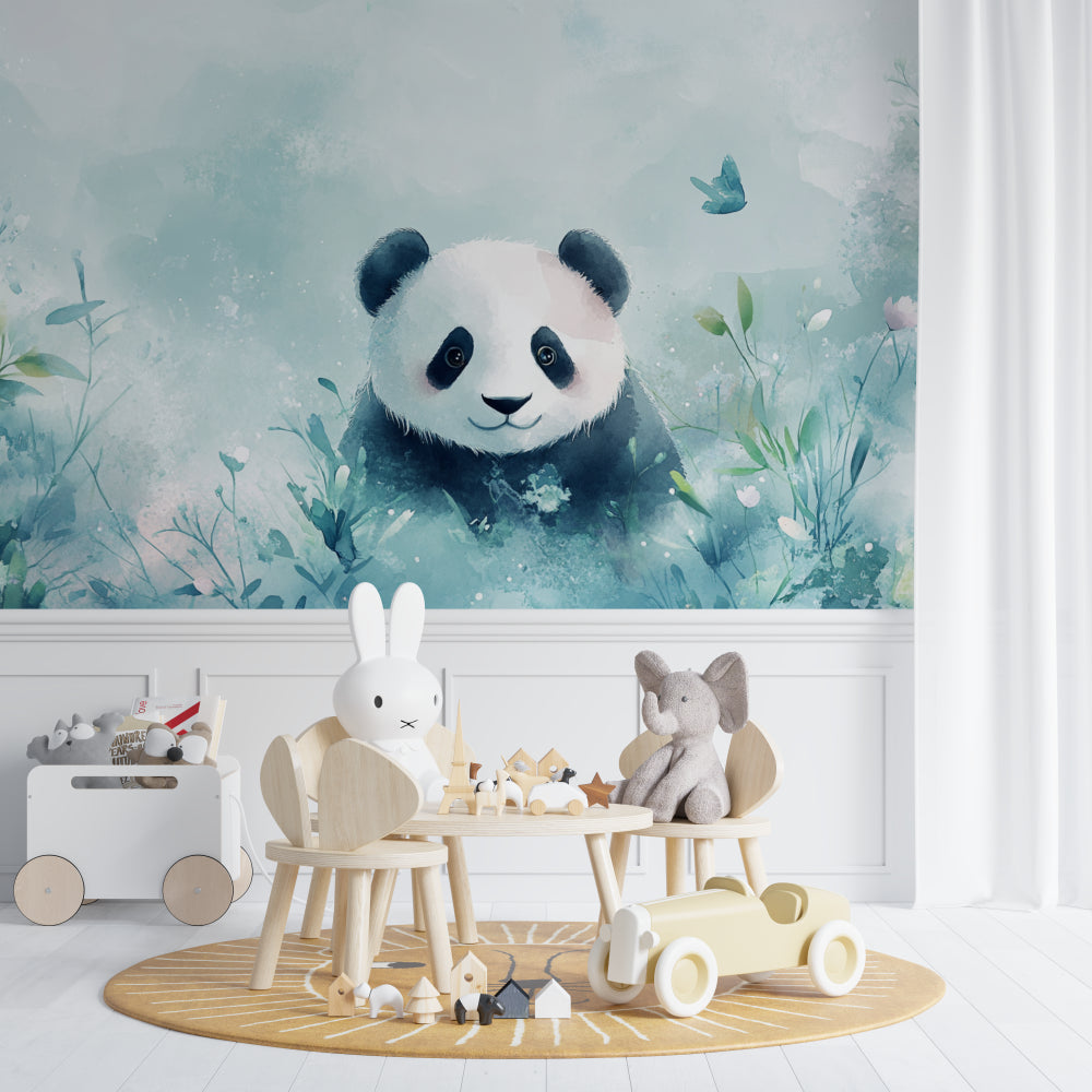 Sweet panda wall mural adding character to a playroom with gentle forest theme