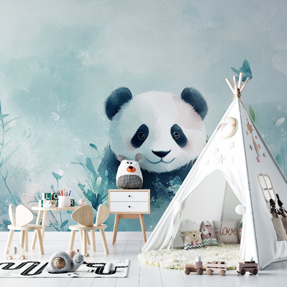 Panda wallpaper transforming a bedroom into a dreamy forest sanctuary