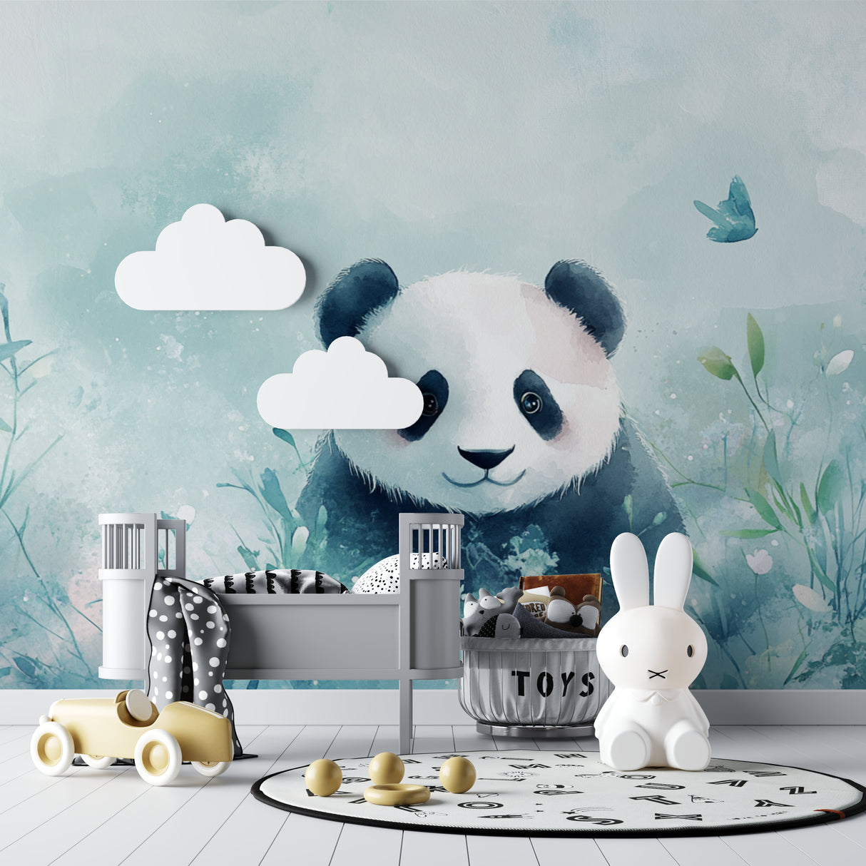 Watercolor panda mural making a statement in a modern baby's room