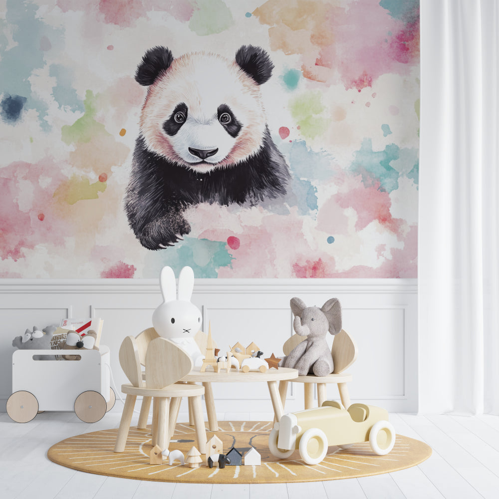 Watercolor Panda Wallpaper creating a sweet atmosphere in a modern nursery with white furniture