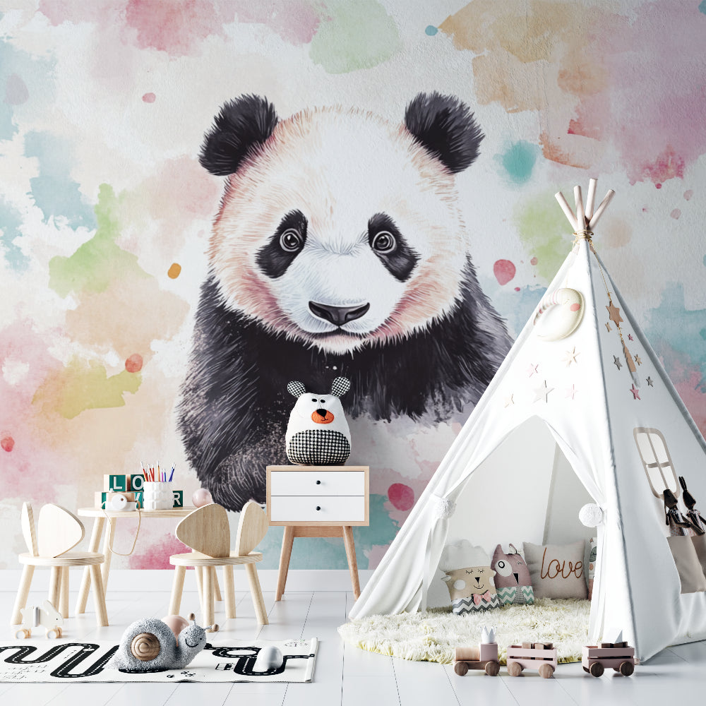 Watercolor Panda Mural adding charm to a playroom with natural light