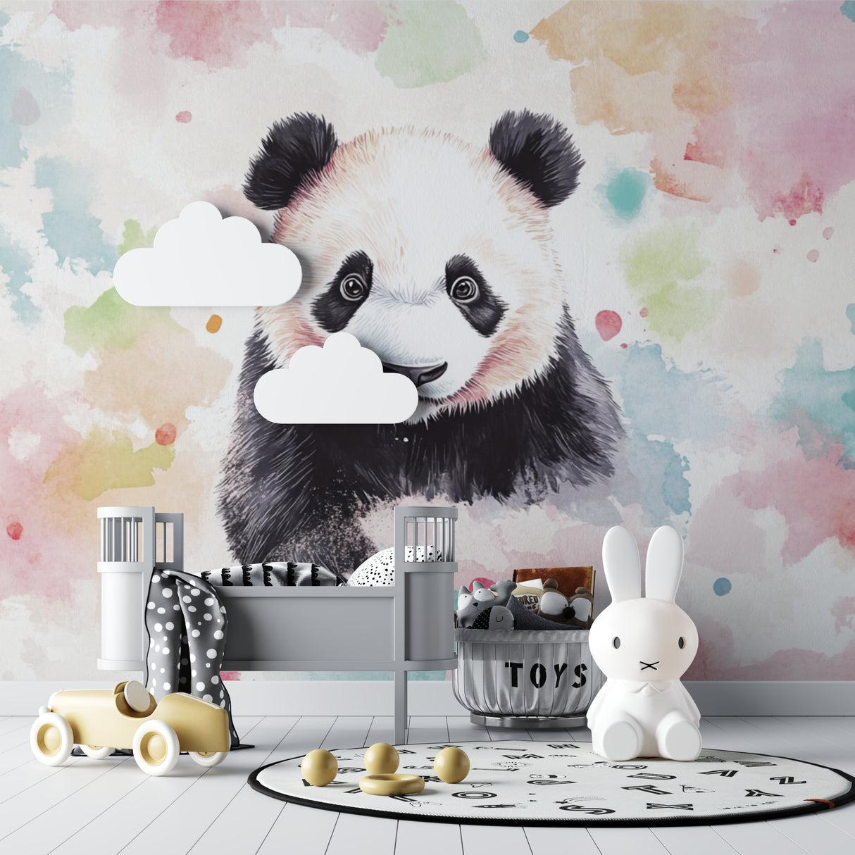 Pastel Panda Mural bringing warmth to a baby's nursery with pink accents