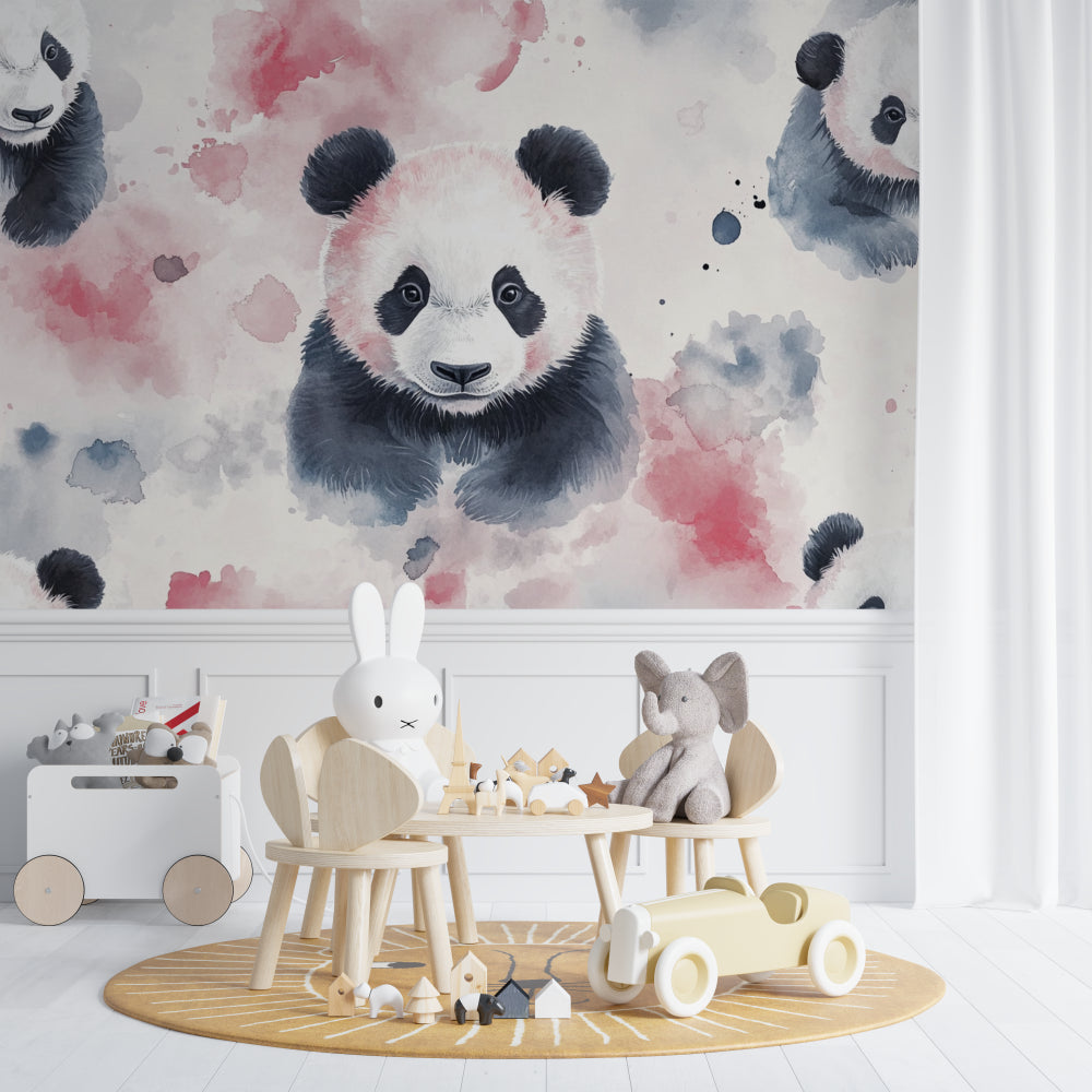 Watercolor panda wallpaper in a modern playroom setting with natural light