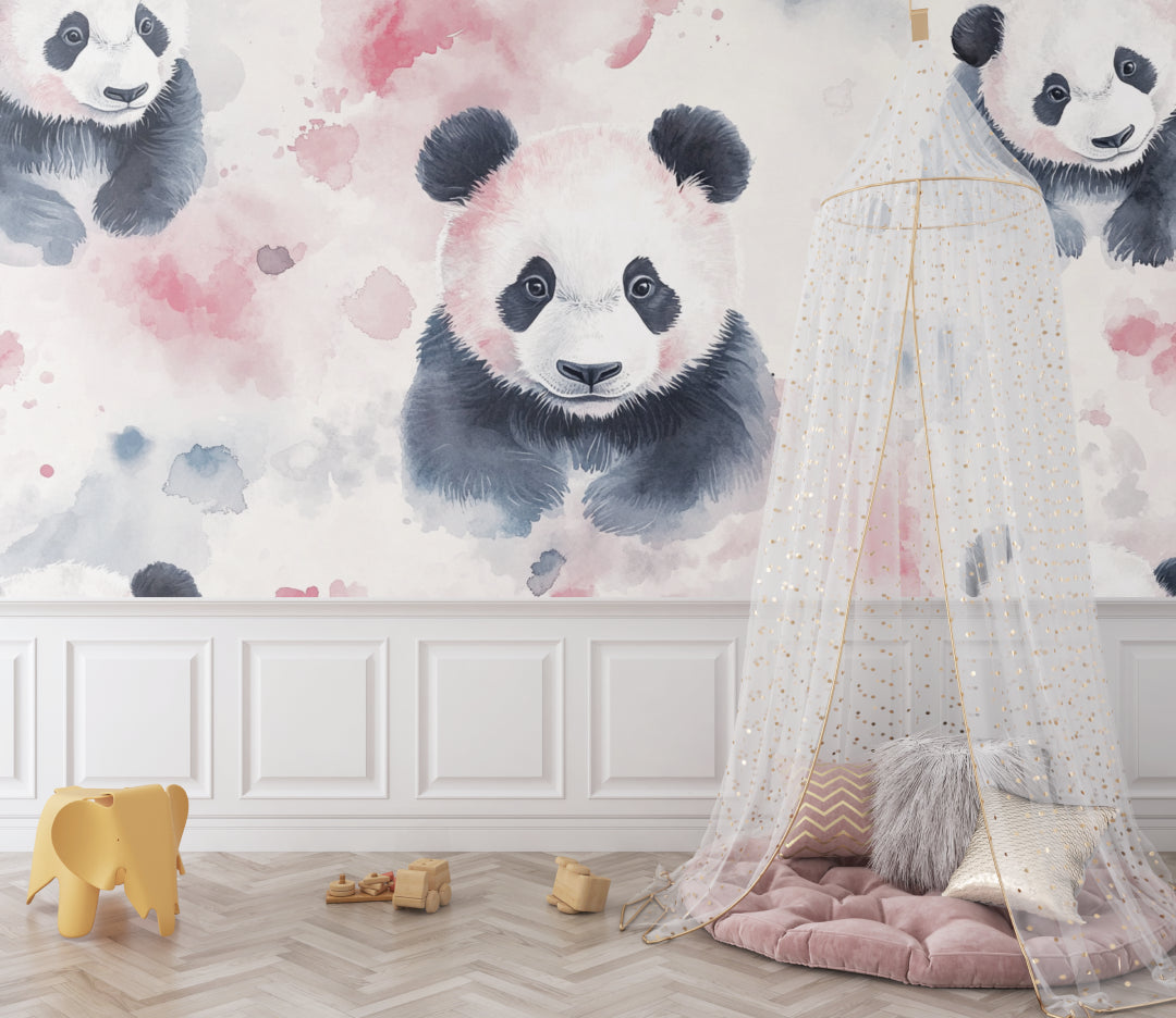 Pink and grey panda mural in a reading nook with comfortable seating