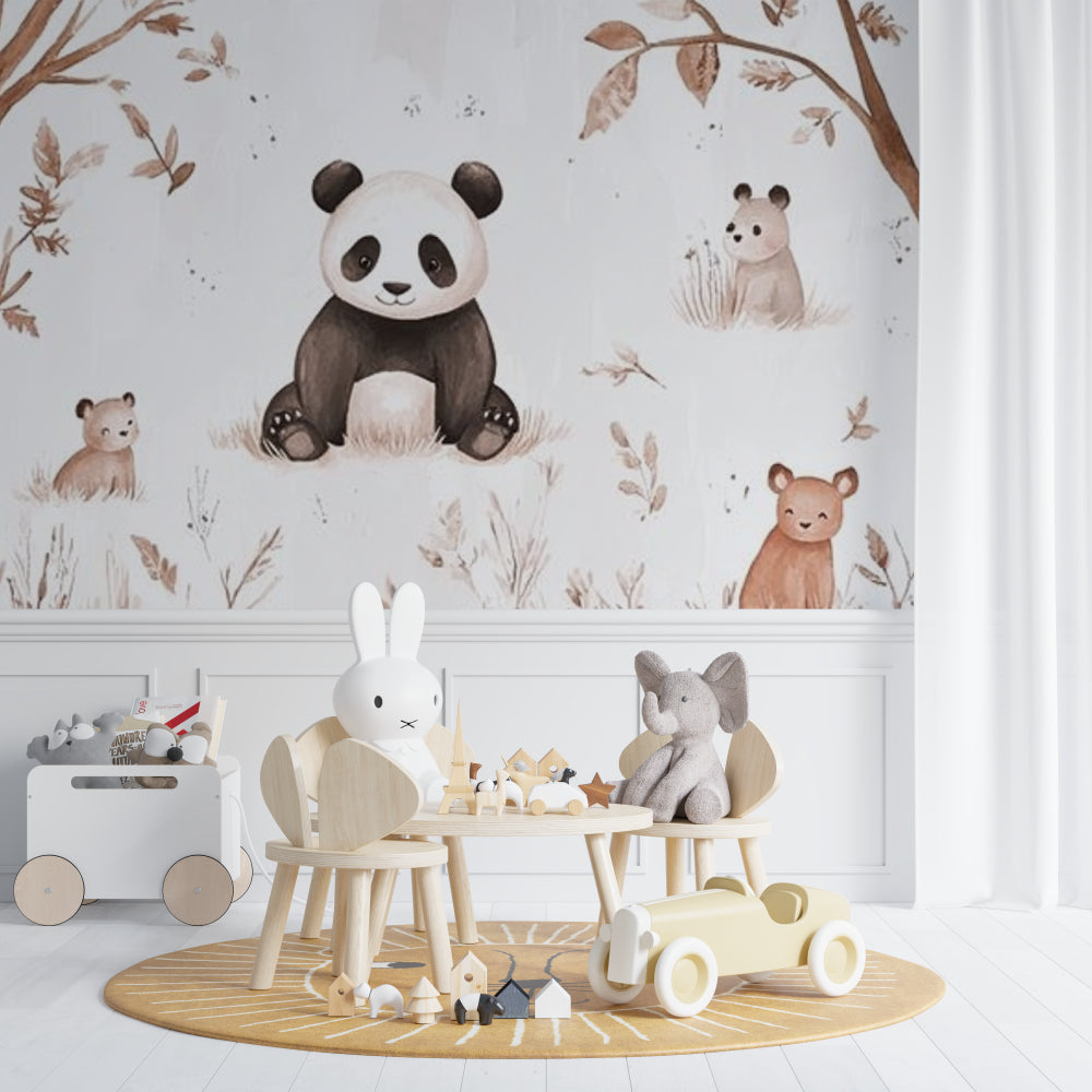 Panda wallpaper in cozy nursery with natural wood furniture and soft textiles
