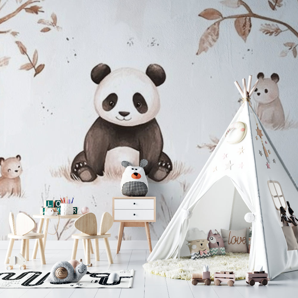 Woodland panda wall mural creating calm atmosphere in child's playroom