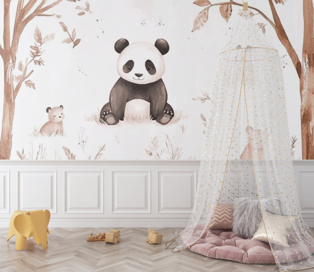 Watercolor panda wallpaper brightening modern kids bedroom