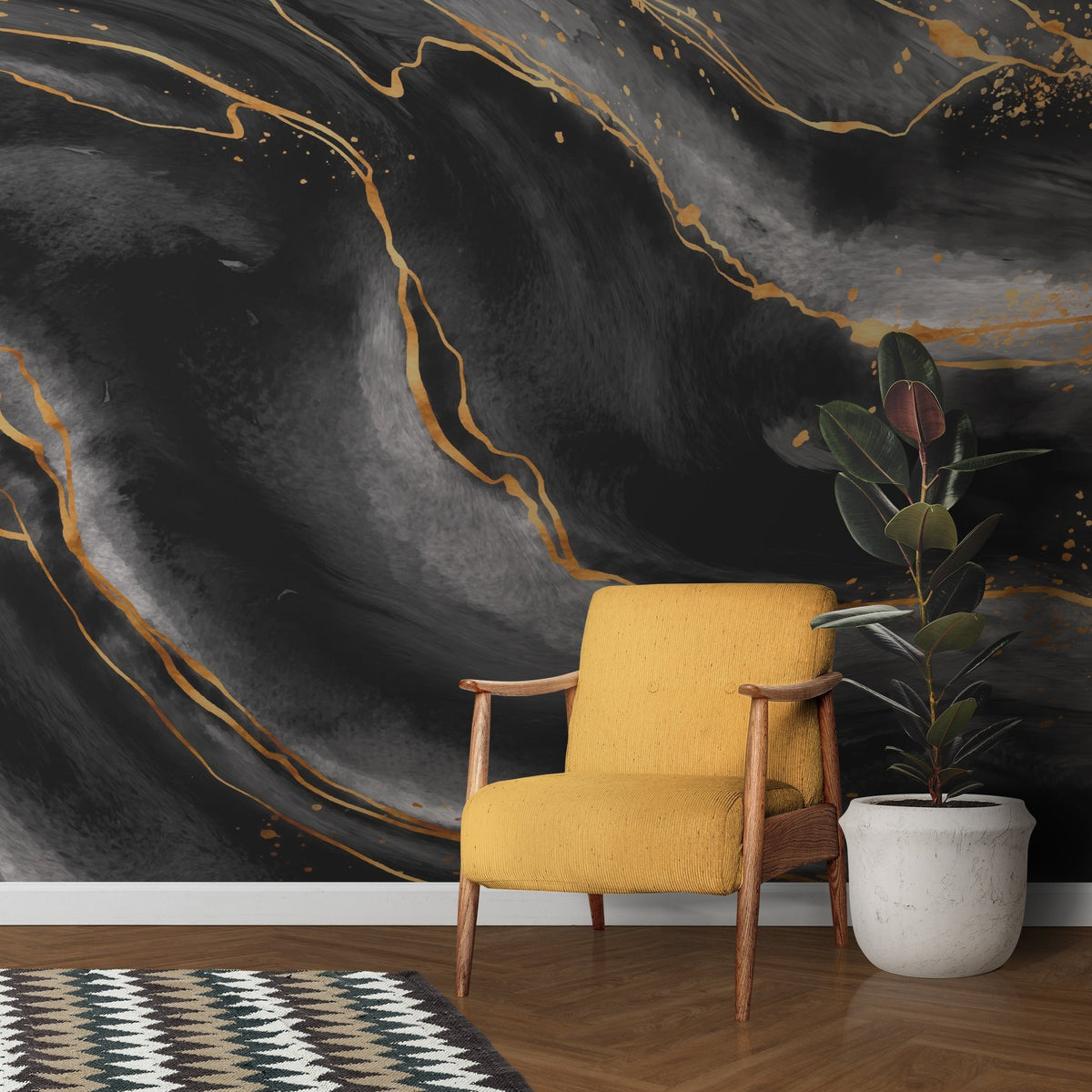 Marble Mural Wallpaper | Black and Gold Abstract Design