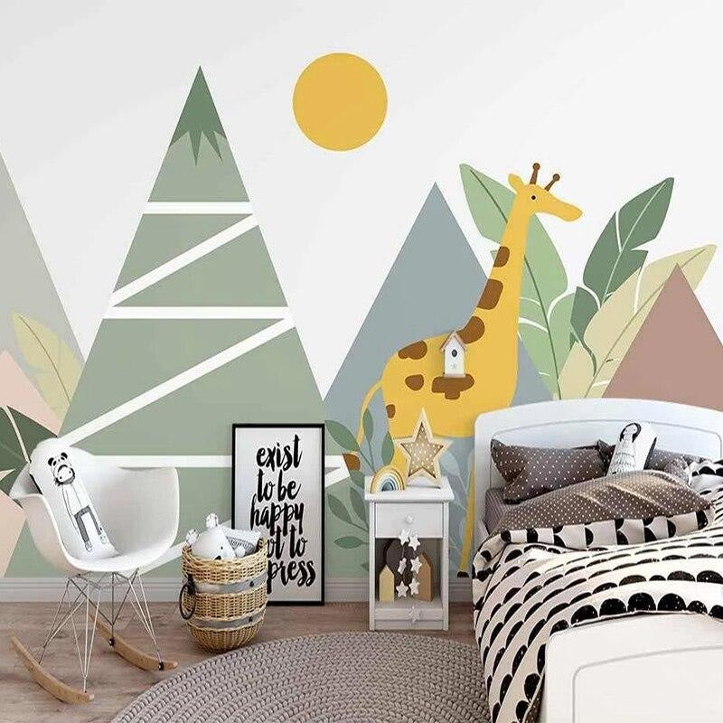 Mountain Safari Mural Wallpaper | Giraffe and Geometric Trees Design