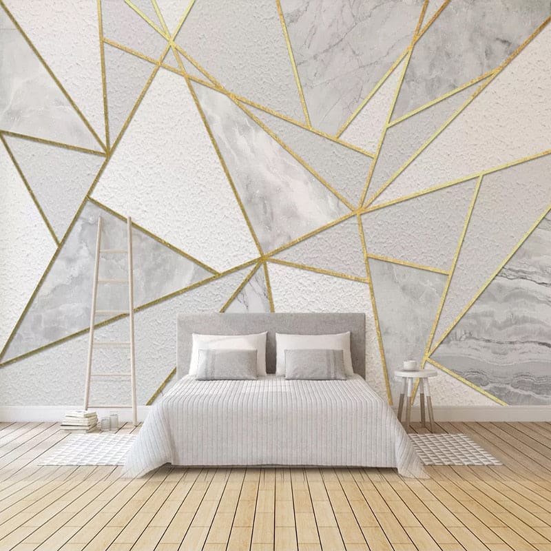 Geometric Mural Wallpaper | Marble and Gold Linear Design