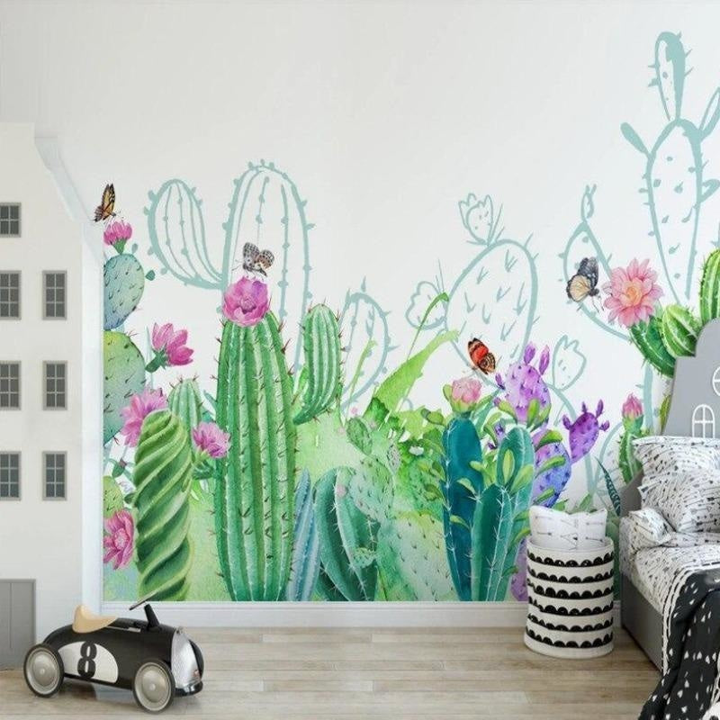Cactus Mural Wallpaper | Watercolor Desert Garden with Butterflies