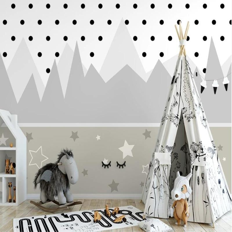 Mountain Mural Wallpaper | Scandinavian Kids Design with Stars and Dots