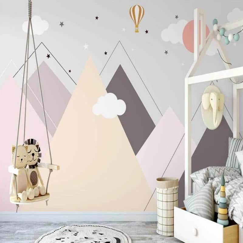 Mountain Mural Wallpaper | Pastel Scandinavian Design with Hot Air Balloon