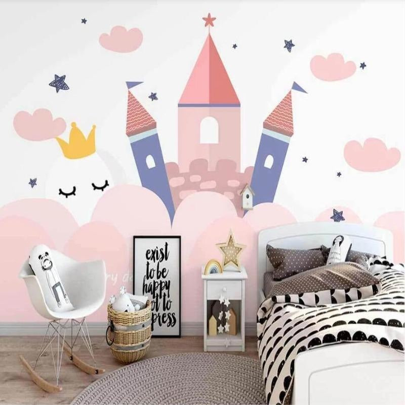 Princess Castle Mural Wallpaper | Pink and Blue Fairy Tale Design