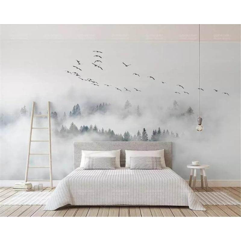 Forest Mural Wallpaper | Misty Pine Trees with Birds