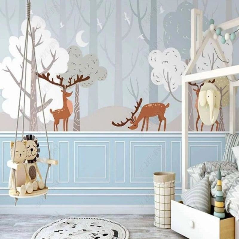 Forest Animals Mural Wallpaper | Winter Deer Scene with Moon