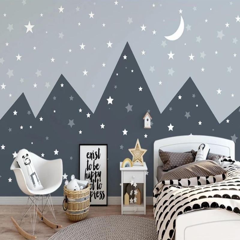 Mountain Mural Wallpaper | Starry Night Grey Design
