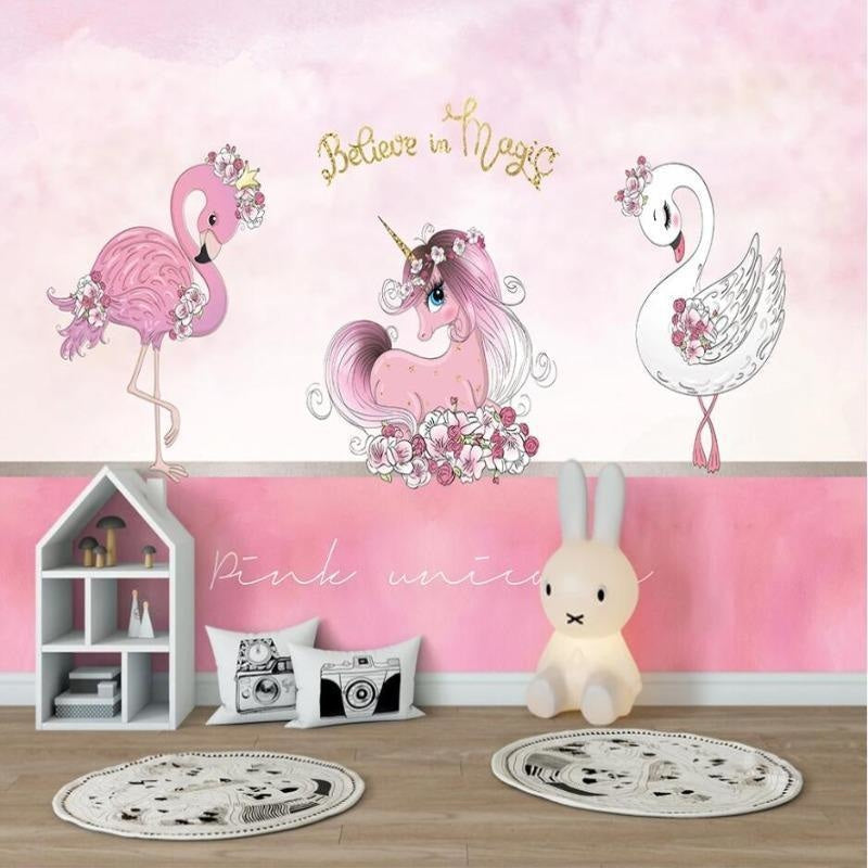 Unicorn Mural Wallpaper | Pink Fantasy with Swan and Flamingo