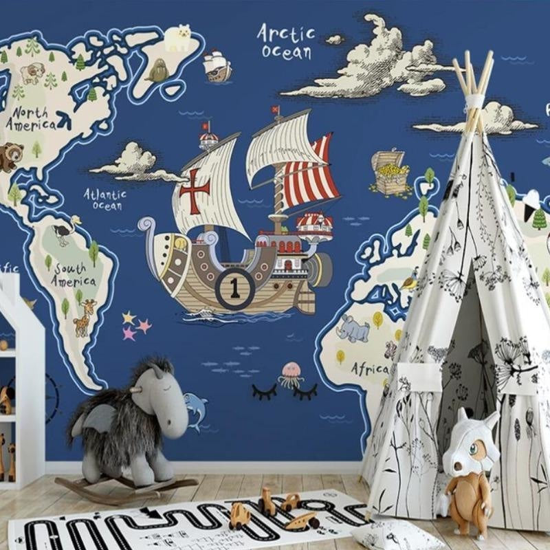 World Map Mural Wallpaper | Adventure Pirate Ship Design