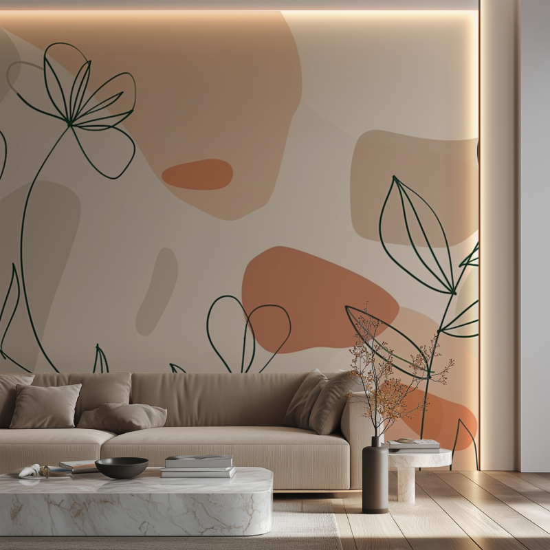 Abstract Floral Mural Wallpaper | Modern Line Art with Terracotta Shapes