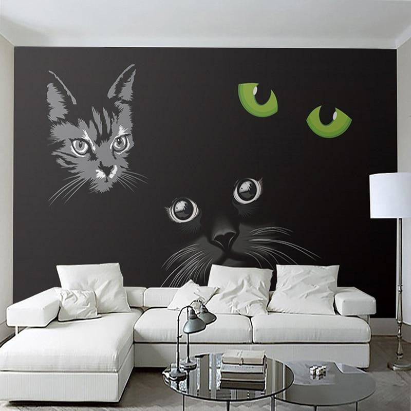 Cat Mural Wallpaper | Black and White Design with Green Eyes