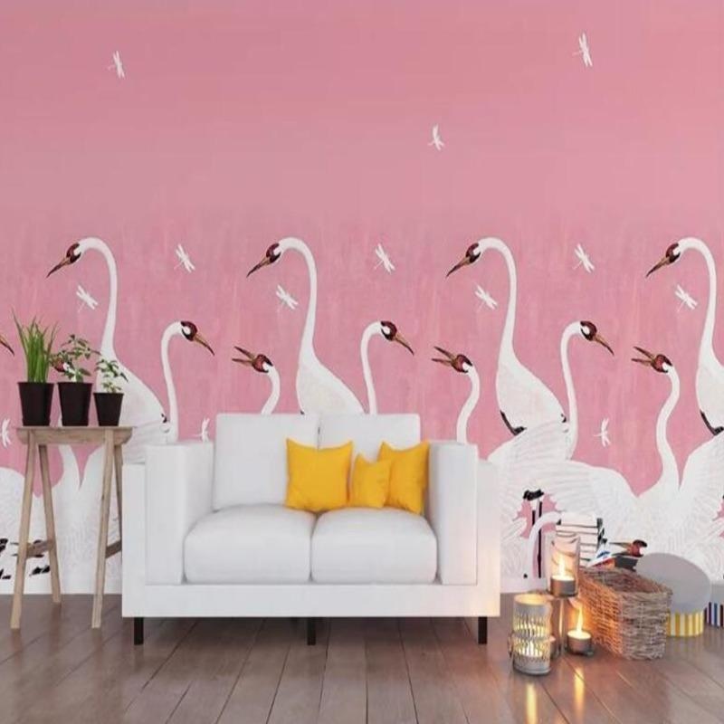 Birds Mural Wallpaper | Elegant White Cranes on Pink