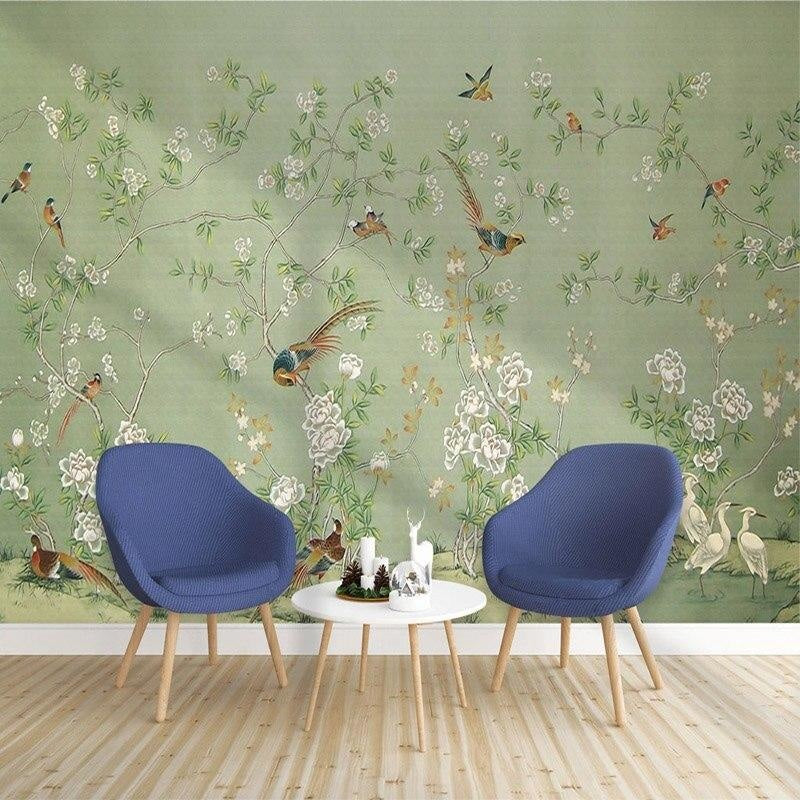 Birds Mural Wallpaper | Vintage Green Floral Design with Cranes