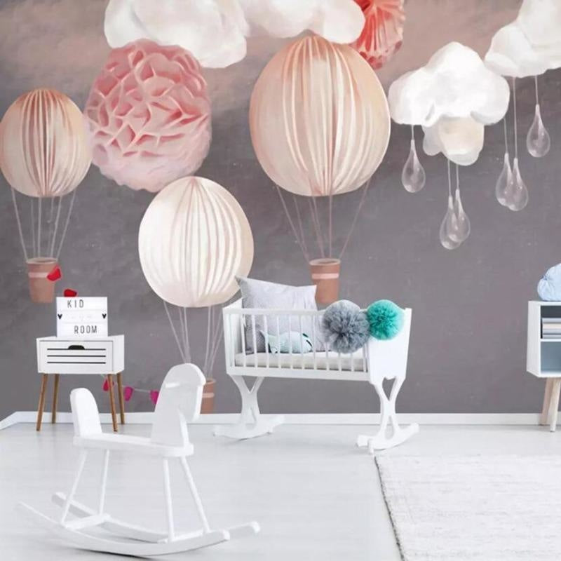 Hot Air Balloon Mural Wallpaper | Pink Nursery Design with Clouds