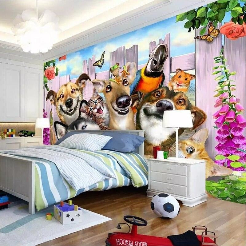 Pets Mural Wallpaper | Playful Dogs and Cats Garden Scene