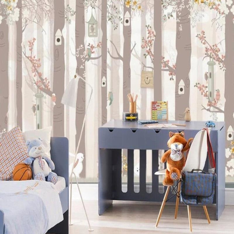 Forest Birds Mural Wallpaper | Enchanted Woodland with Birdhouses