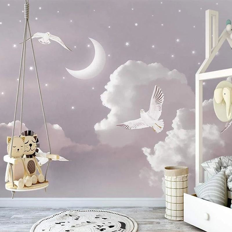 Night Sky Mural Wallpaper | Dreamy Clouds and White Doves