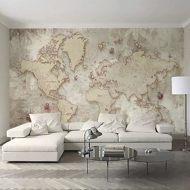 World Map Mural Wallpaper | Vintage Beige Navigation Theme